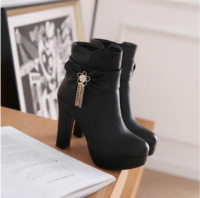 Sweet Ladies Booties Rhinestone Bow Side Zipper High Heel Ankle Boots Female Winter Plush Boots