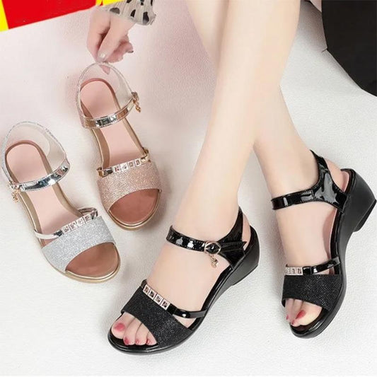 Leather Sandals Women's Open Toe Wedge Heel Roman Shoes Thick Middle Heel Fashion All-match Soft Sole Ladies Sandals