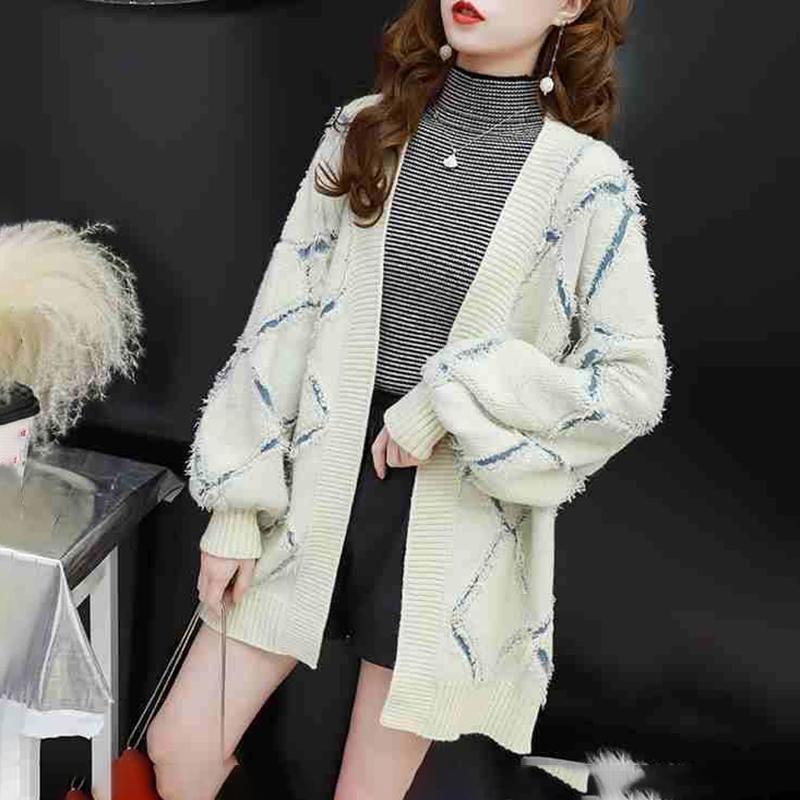 Sweater Jacket Women's Mid-length Loose Knit Cardigan Lazy Style Long-sleeved V-neck Warmth Thick Women's Sweater Jacket