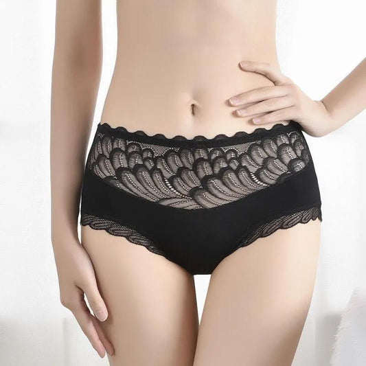 4 pairs of feminine lace underwear Cotton antibacterial mid-waist underwear Non-marking large size ladies briefs