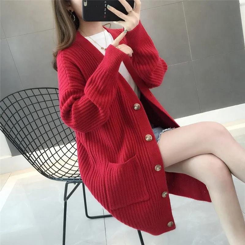 Knitted Cardigan Mid-length Loose Sweater Coat Women's Spring and Autumn Thickened Coat