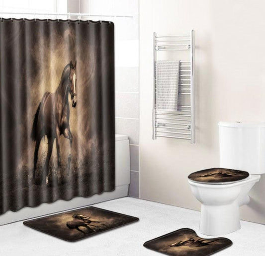 Animal Horse Bathroom Floor Mat Combination Four-piece Set Toilet Toilet Carpet Shower Curtain Foot Pad 4 Pieces