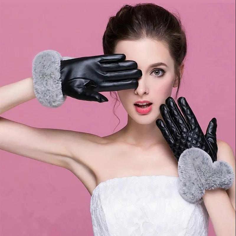 Women's Leather Gloves Plus Velvet Thick Warm Gloves Can Touch Screen Outdoor Biking Winter Leather Gloves