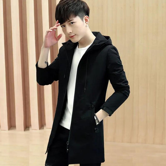 Spring Solid Color Hooded Jacket Long Slim Coat Youth Trend Windbreaker Casual Parka