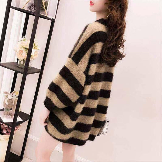 Autumn and Winter Imitation Mink Thick Sweater Striped Pullover Sweater Women Fashion Casual Jacket