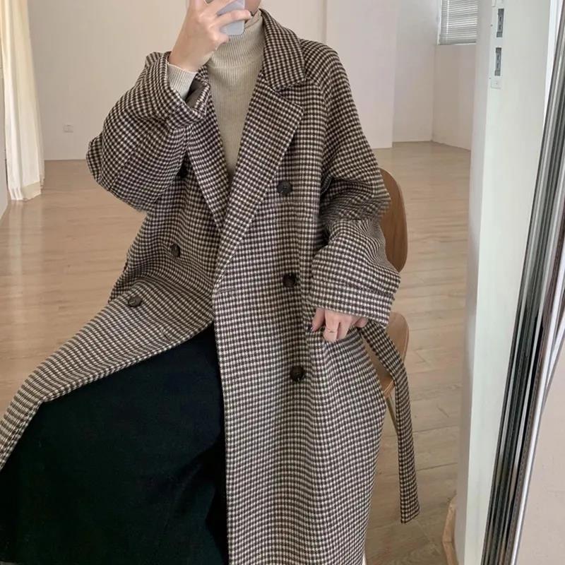 Women's Woolen Coat Plaid Korean Mid-length Houndstooth Coat Coat Women