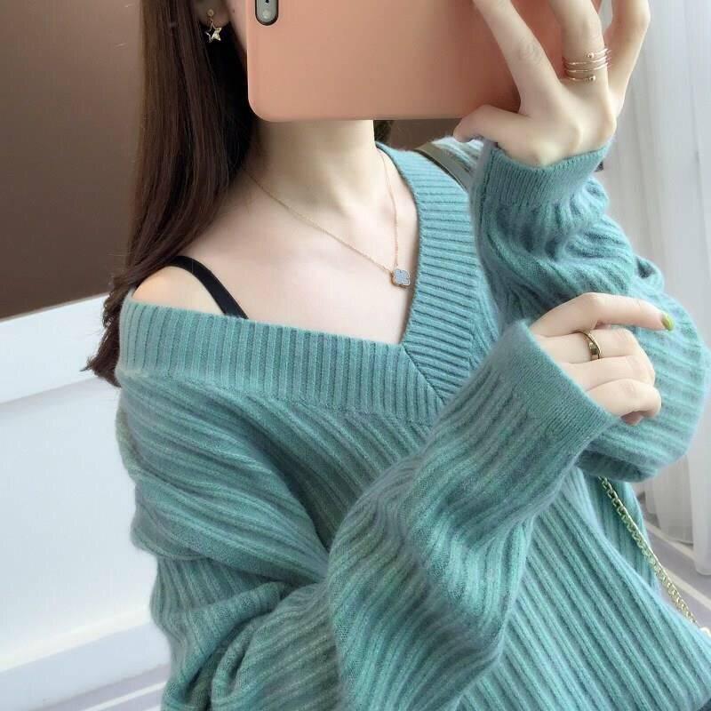 Autumn V-Neck Sexy Knitted Sweater Women Pullovers and Sweater Pullover Winter Women Loose Sweaters