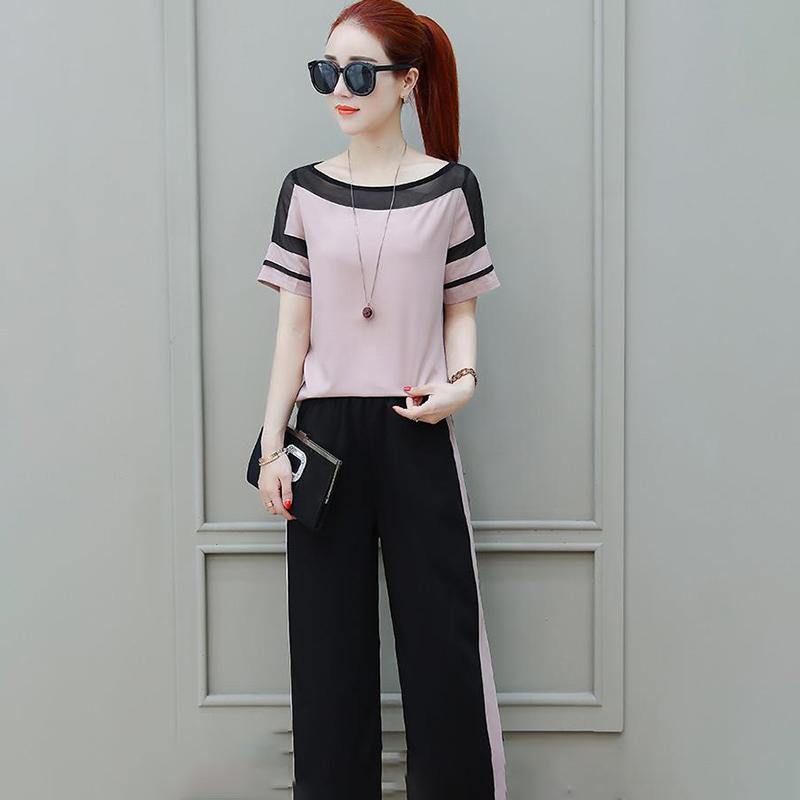 Two-piece Suit Women's Short-sleeved T-shirt Wide-leg Pants Two-piece Loose Casual Suit Fabric Lightweight Breathable Temperament Fan Two-piece Suit