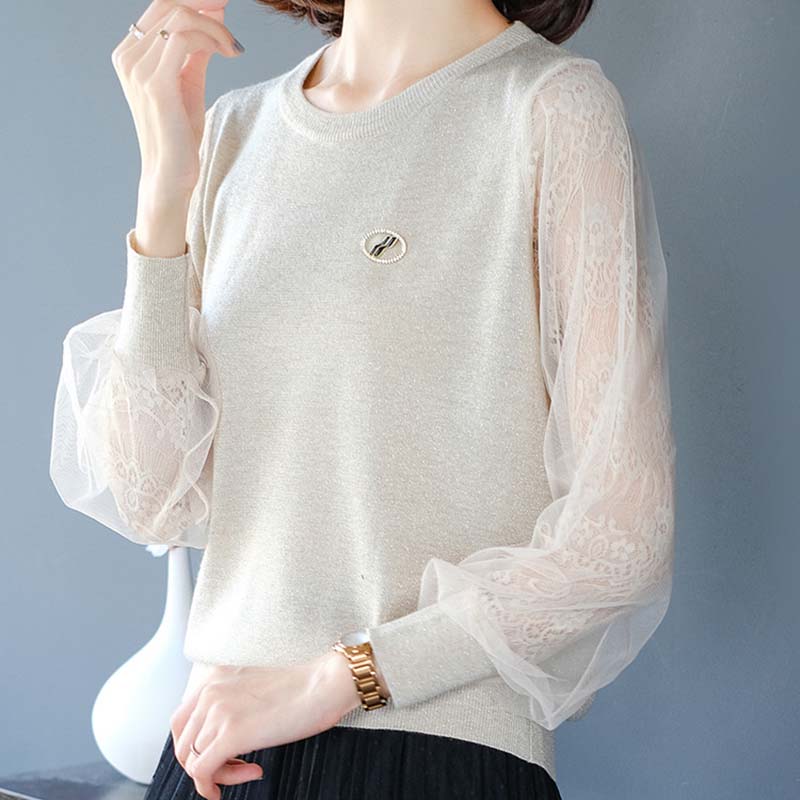 Lace Hollow Bottoming Shirt Women's Small Sweater Knitted Sweater Early Spring and Autumn Outer Wear Thin Top