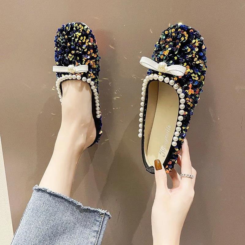 Sequined Baotou Half Slippers Women's Outer Wear Summer Shallow Mouth Women's Shoes Grandma Shoes Soft Sole Peas Shoes