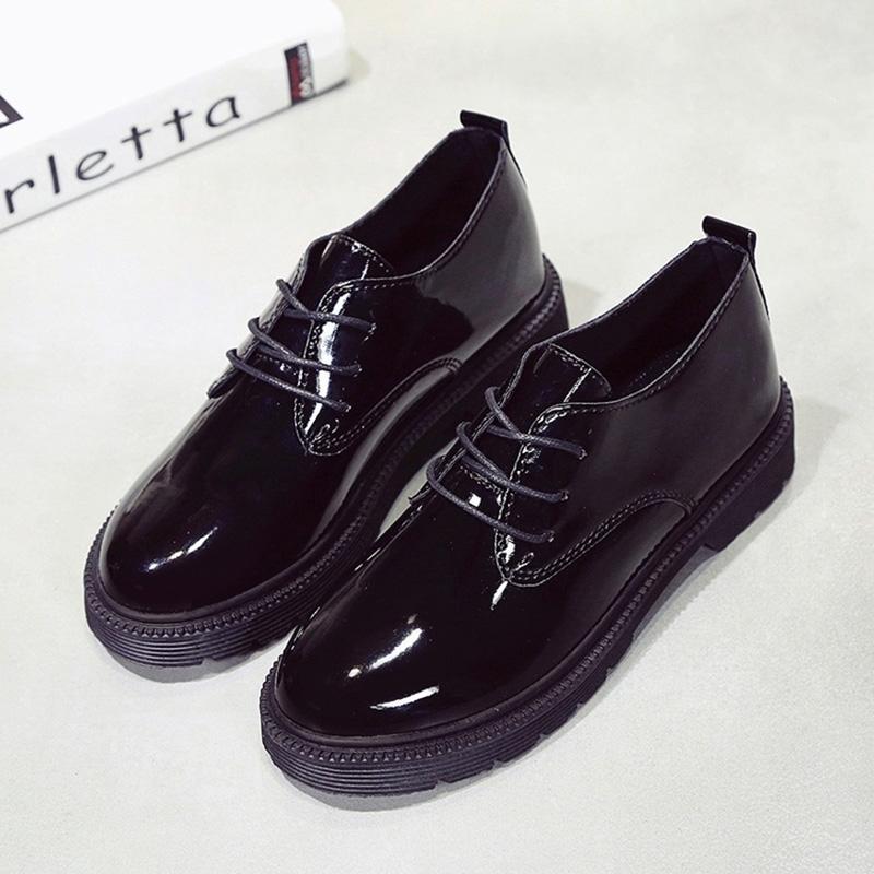 Small Leather Shoes Women's Patent Leather Thick Heel Lace-up Vintage British Round Toe Mid-heel Shoes Light and Soft