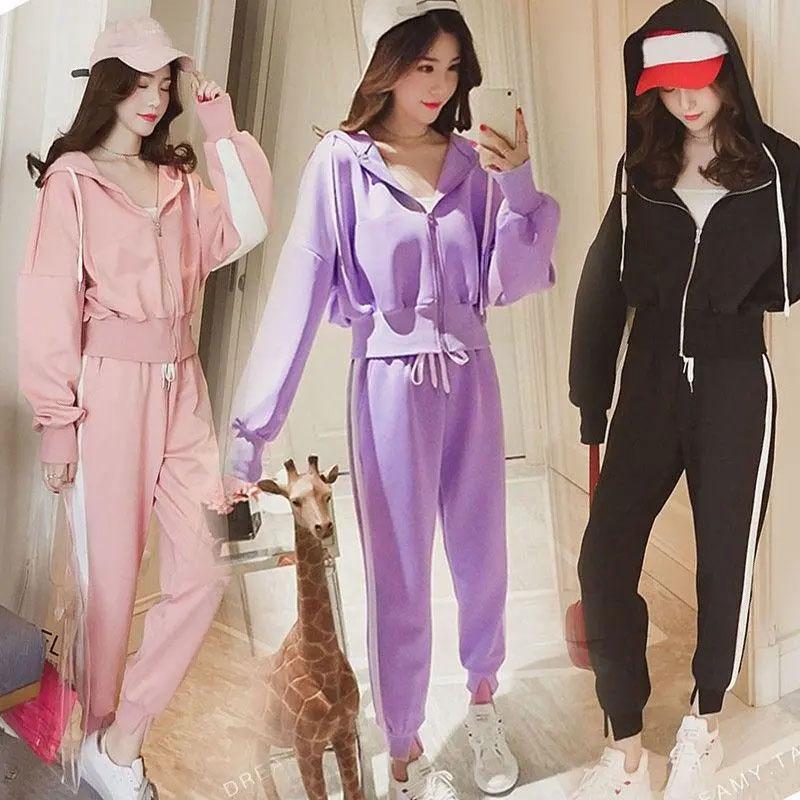 2PCS Women's Striped Suit Ladies Spring and Autumn Casual Sportswear Sweater Cardigan Jacket + Loose Pants Two-piece Suit Girlfriend Sets