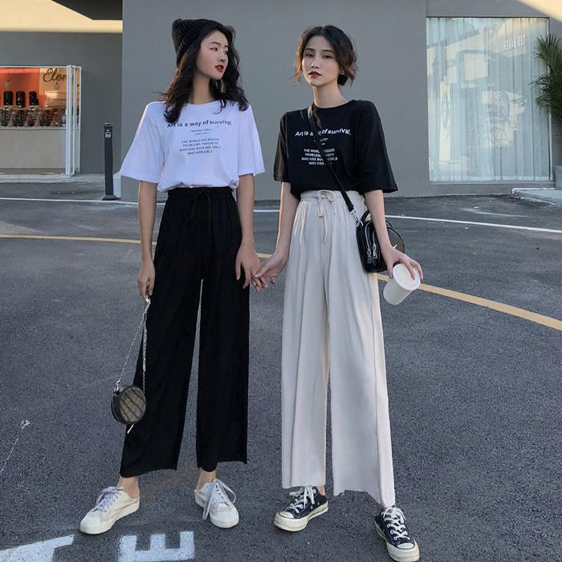 Two-piece Suit Clothes Summer Casual Wide-leg Nine-point Pants Round Neck Short-sleeved T-shirt Women's Casual Sports Suit Home Casual Wear