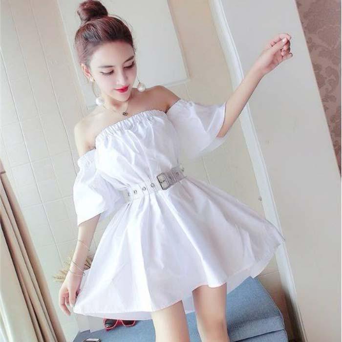 Pofulove Women Sexy Off Shoulder A-line Dress Slim Short-sleeved Mid-length Dress Nightclub Dresses