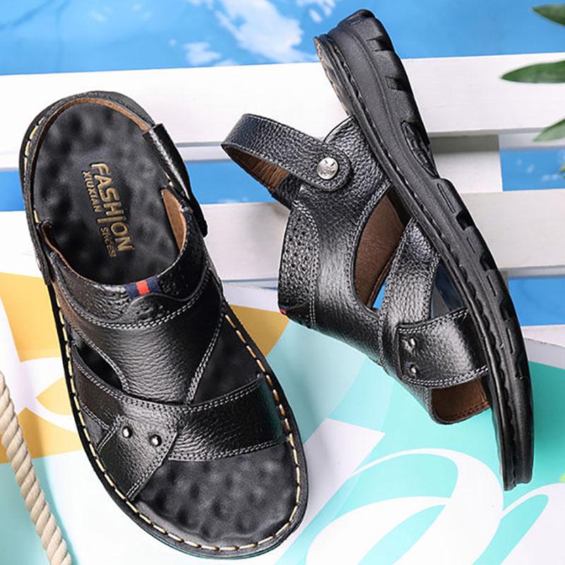 Summer Men's First Layer Soft Cowhide Sandals, Leather Beach Shoes, Casual Men's Shoes, Thick-soled Massage Slippers