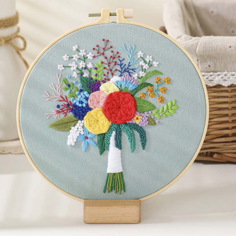 Floral Hand Cross Stitch Embroidery Cloth Starter Kits Needlepoint Color Threads Bamboo Hoop DIY