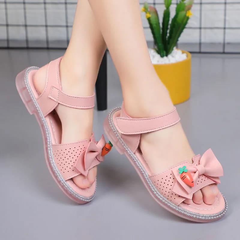 Girl's Sandals In Summer Elegant Girl's Princess Shoes Crystal Soft Bottom Cartoon Carrot Bowknot Big Children's Fish Mouth Cool Shoes