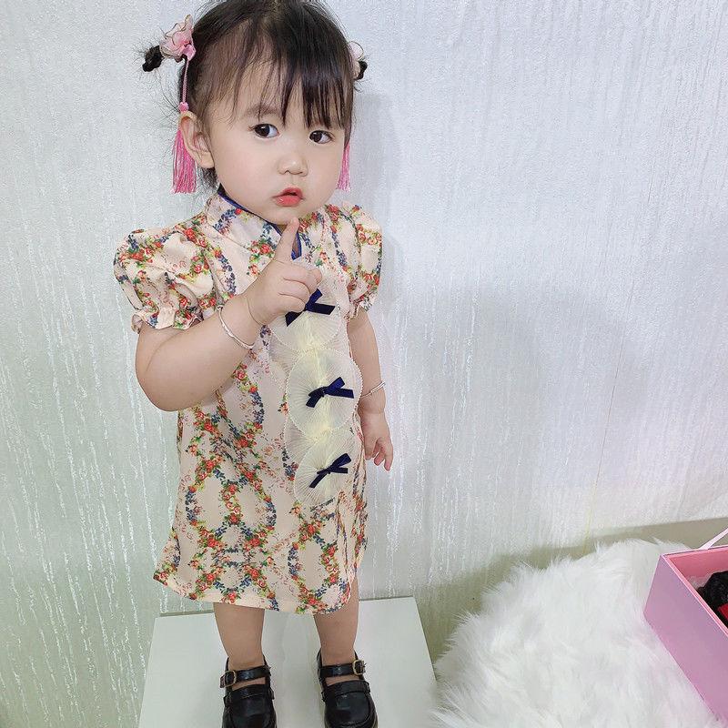 Girls Cheongsam Summer Girl Baby Puff Sleeve Dress Western Style Little Girl Dress