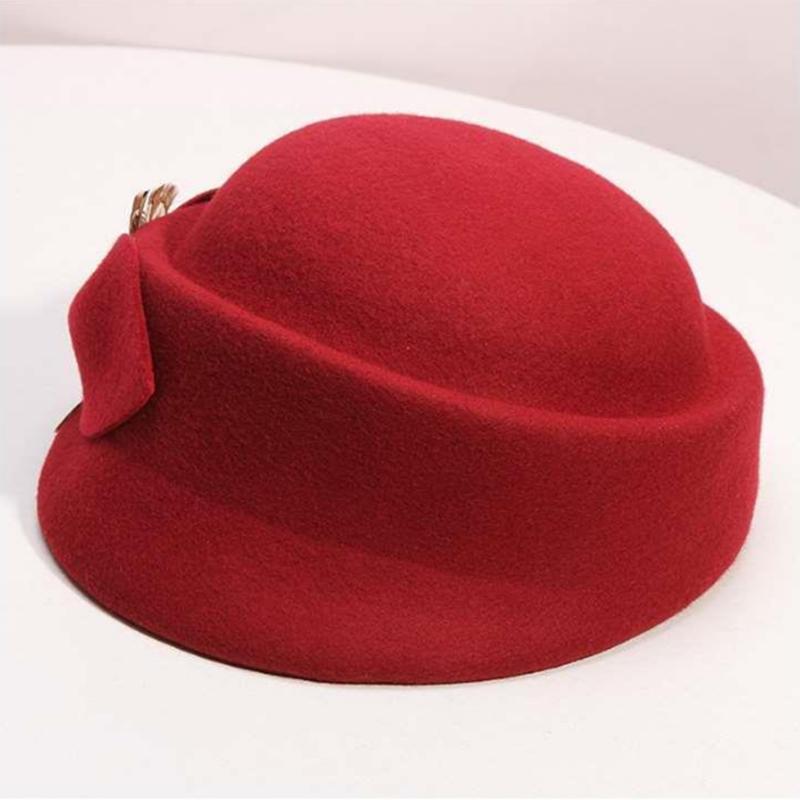 Women's Winter Elegant Hat Retro Vintage Feather Bow Woolen Beret Top Hat Simple Style All-match Round Bucket Beret Hat Fedoras