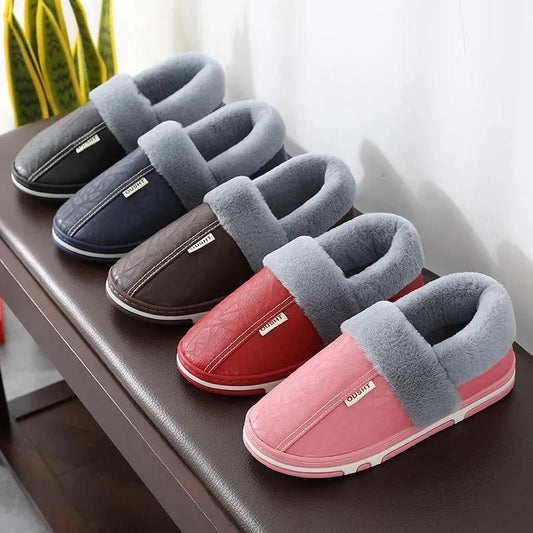 Bag Heel PU Leather Waterproof Winter Couple Cotton Slippers Men's Indoor Household Non-slip Home Warm Cotton Shoes Women