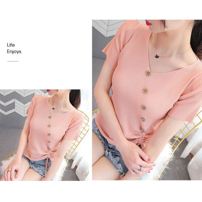 Women Slim Knit Sweater V-neck Pullover Temper Elegant T-shirt Casual Comfortable Shirt Summer