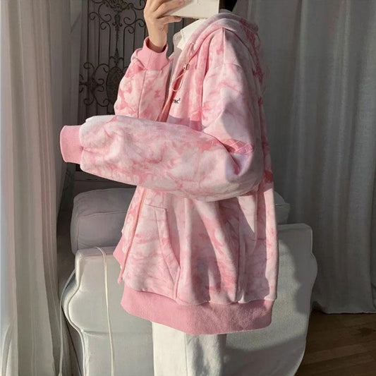 Oversize Tie-dye Coat Women's Long-sleeved Zipper Cardigan Casual Sweater Spring and Autumn Loose Jacket Unisex Hooded Sweatershirt