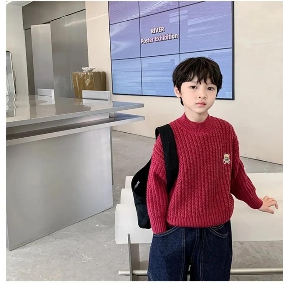 Boys' Sweaters Thickened Autumn and Winter Models of Bears, Big Children's Plus Velvet Turtleneck Pullovers, Girls' Tops