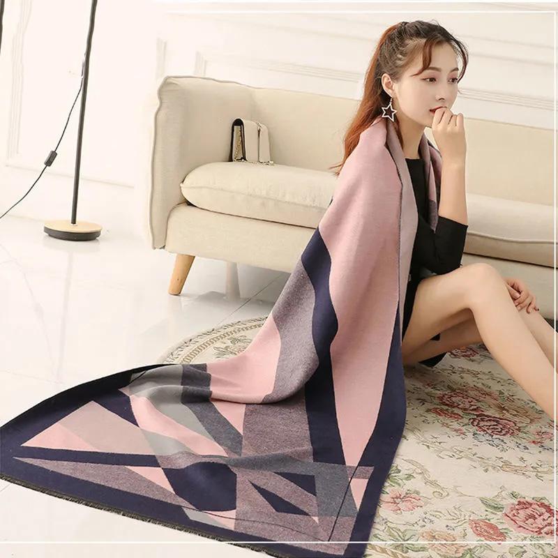 Women's Spring Autumn Scarf Cloak Wool Shawl Thick Korean Cashmere Texture Warm Long Plaid Double-sided Scarf Multi-purpose Scarf Shawl