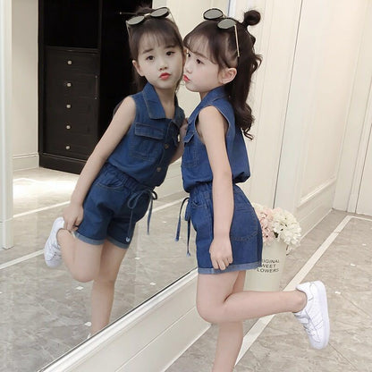 Girls Clothing Sets Summer Denim Short T-shirt+Pants Korean Style Single Breasted 2Pcs for Kids Baby Suit Cowboy Suit