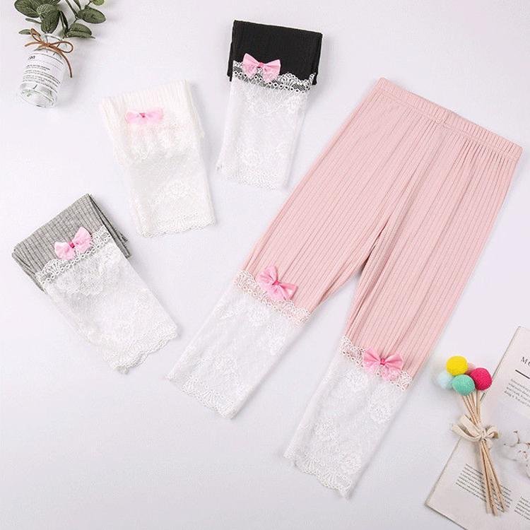 Girls' Leggings Children's Spring and Autumn Thin Lace Hollow Bow Korean Solid Color Capris Elastic Pants