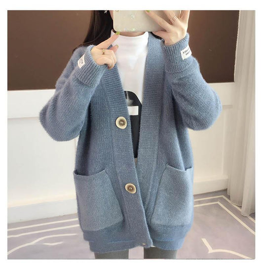 Sweater Cardigan Thickened Mid-length Spring and Autumn Loose Knit Lazy Style Jacket Women