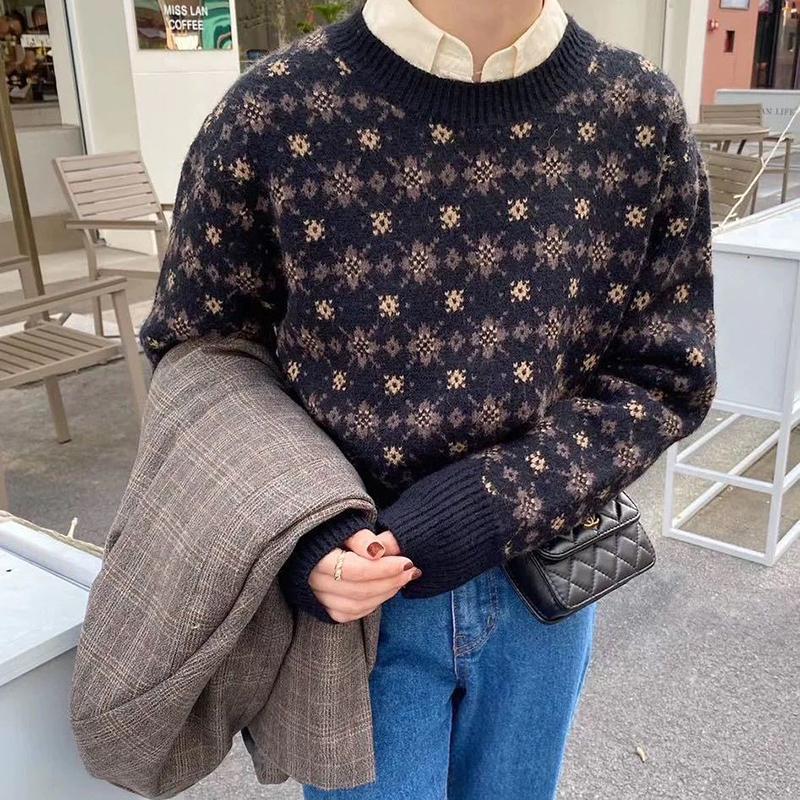 Women Autumn Fashion Sweater Casual Knitting Sweater Print Round Neck Pullovers Loose Casual Long Sleeve Sweater