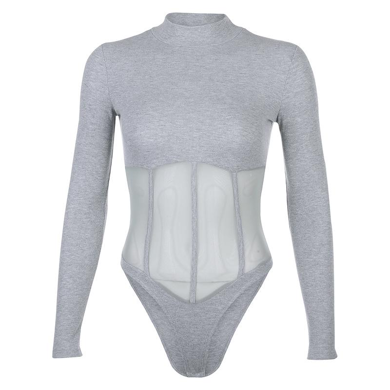 Mesh Patchwork Sexy Bodysuit Women Turtleneck Jumpsuit Body Long Sleeve Bodies Bodysuits Ladies