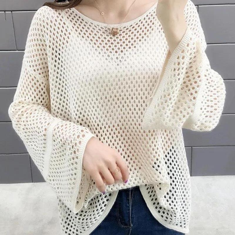 Summer Ice Silk Knitted Sunscreen Blouse Trumpet Net Shirt Top Hole Thin Women's Loose Hollow See-through Fabric Light and Breathable