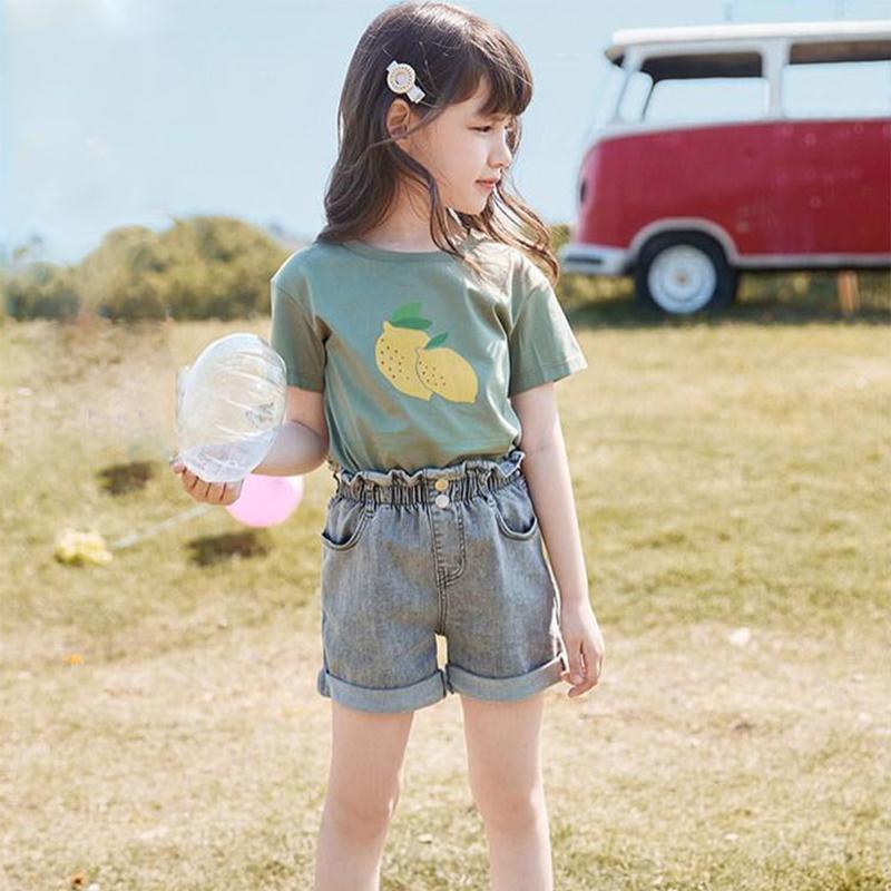 2PCS Children Clothing Set Spring Summer Girls Suits Printing Korean Hollow Out Short Sleeve Tops + Hole Pants Clothing Set