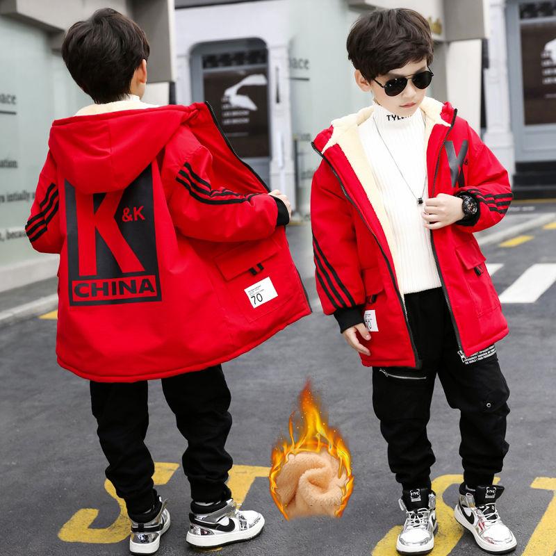 Winter Children's Coat Plus Velvet Thick Coat Hooded Boys Winter Fashion Mid-length Kids Winter Snowsuits