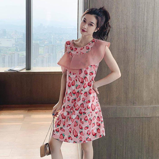 Pofulove Women Round Neck Print Chiffon Dress Loose Off-Shoulder A-line Dresses Short Floral Dress