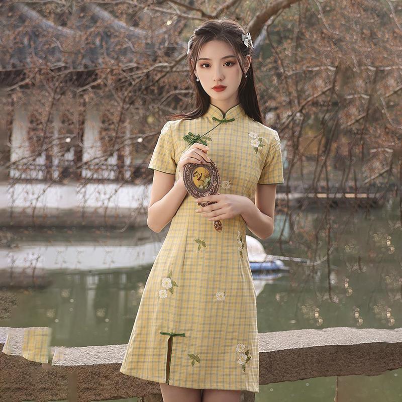 Improved Cheongsam Women's Summer Yellow and Green Plaid Daily Wear Young Girls Short Dresses