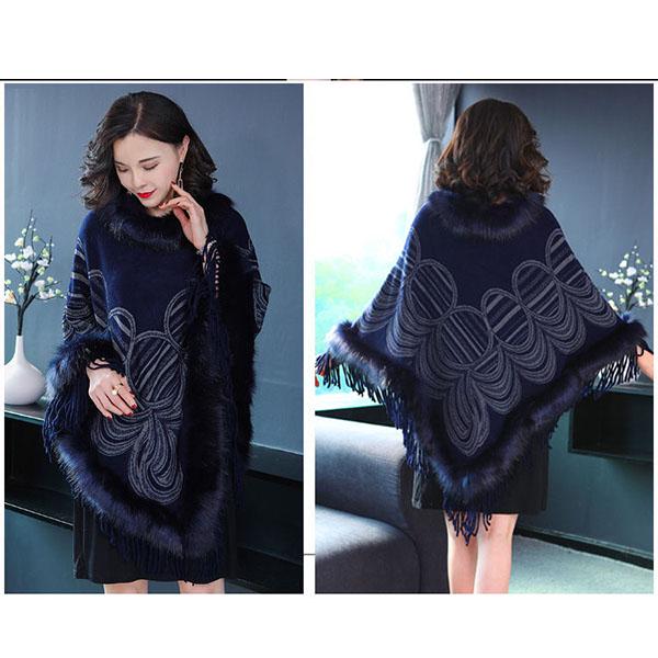 Autumn Winter Imitation Fox Fur Cloak Shawl Batwing coat Women's Faux Fur Coat Plus Size Tassel  Sweater Coat Mid-length