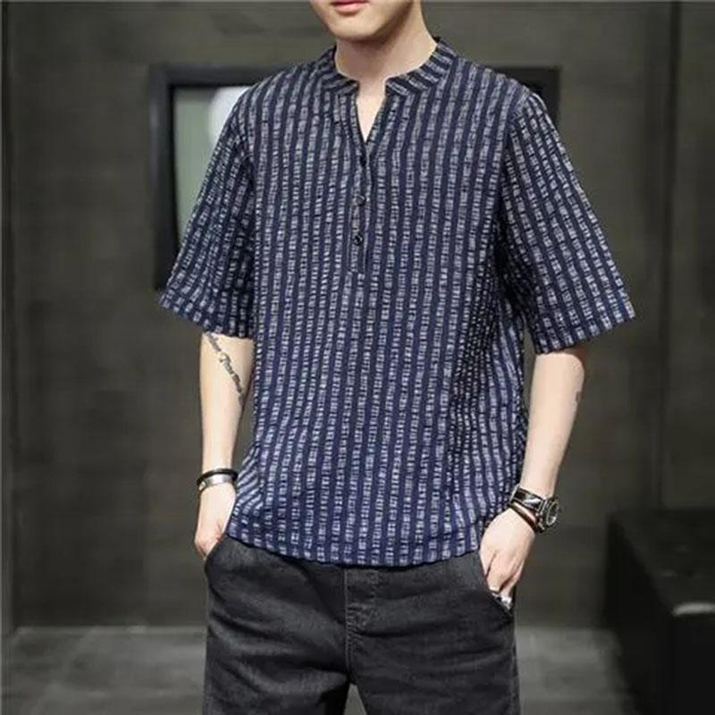 Striped Short-sleeved Men's Chinese Style Linen T-shirt Summer Korean Trend Cotton and Linen Half-sleeved Fashion All-match Loose T-shirt