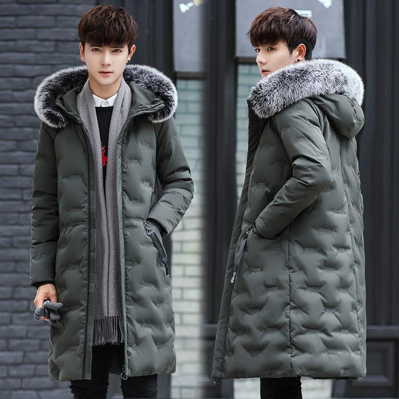 Men's Down Jacket Korean Thickened Medium Length Slim Coat Oversized Hair Collar Youth Men's Fashion Coat