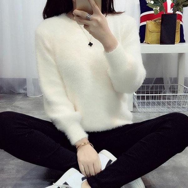 Autumn and Winter Round Neck Short Top Loose Pullover Solid Color Long-haired Sweater Thick Mohair Bottoming Shirt