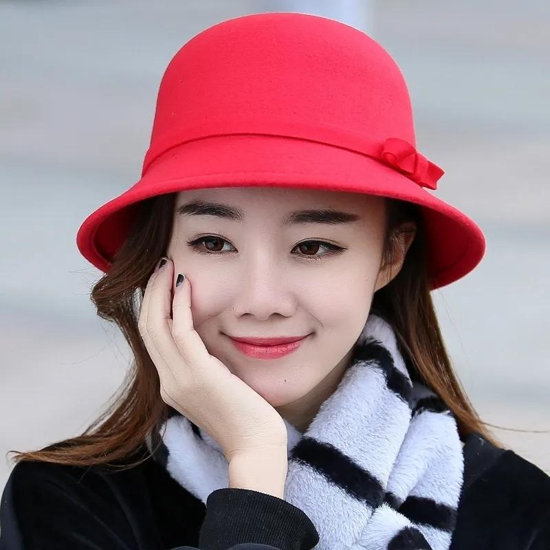 Women's Simple Elegant Pot Hat Wool Blended Bow Basin Hat Autumn Winter Solid Color Casual All-match Bucket Hat