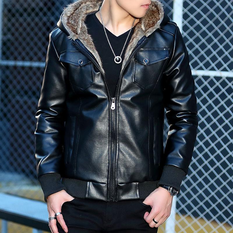 Men's Leather Jacket Winter Plus Velvet Thickening Korean Style Trendy Handsome Slim Men's Leather Jacket