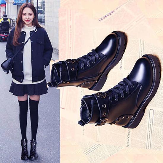 Pair of Shoes Fashion Women Boots Round ToeThick Bottom PU Leather Waterproof Woman Martin Boots