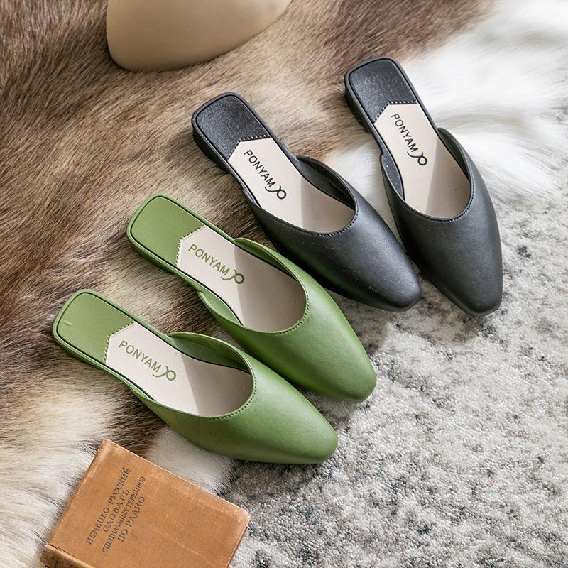 Baotou Half Slippers Female Summer Wear Flat Bottom Low Heel One-foot Lazy Sandals and Slippers Female Retro Pointed Toe Shoes