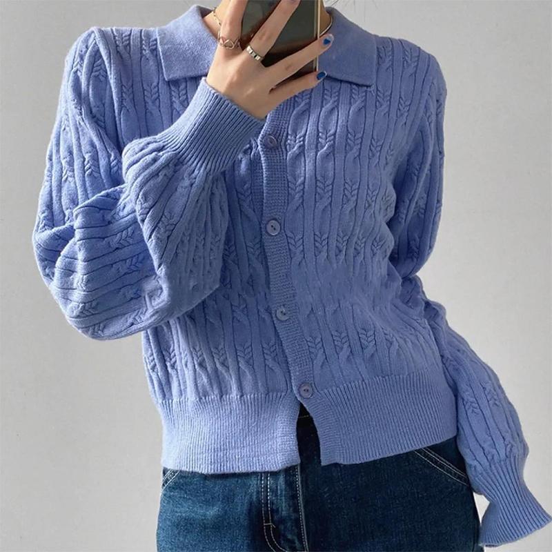 Cardigan Women Twist Knitted Sweater Women Autumn Winter Retro Lapel Polo Loose Single-breasted Long-sleeved Tops