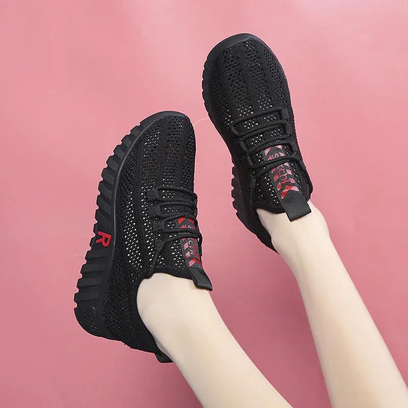 Women Summer Shoes Soft Sole Anti-slip Versatile Casual Print Shoes Solid Color Light Flat Breathable Mesh Sports Shoes