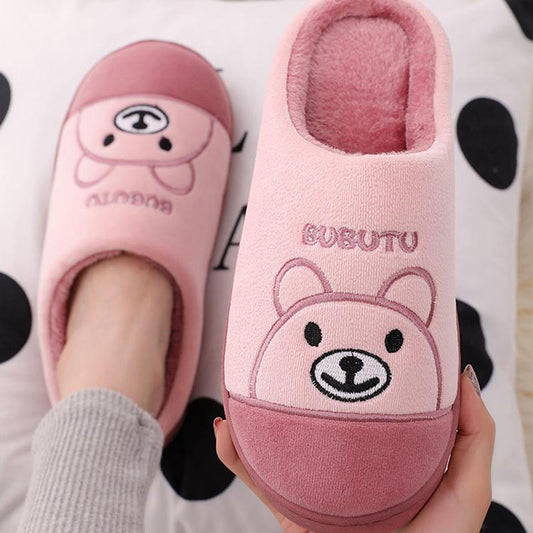 Women Warm Slippers Fall Winter Thick Fleece Cotton Slippers Cute Bear Embroidery Home Indoor Non Slip Men Slides Slippers