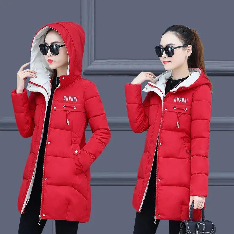 Winter Parkas for Women Mid-length Cotton Women's Down Coats Letter Print Jacket Hooded Medium Long Warm Thickning Coats Female Slim Outerwear